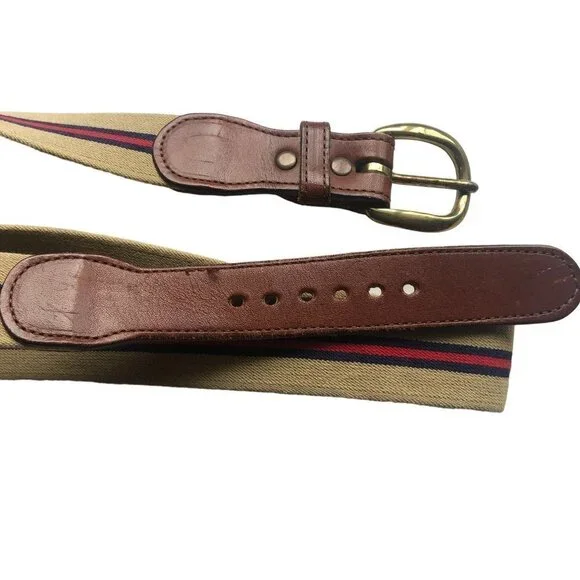 VINTAGE Preppy Belt Web Stripes Brass Leather Beige Blue Red 33 34 35 inch Mediu - Picture 3 of 7